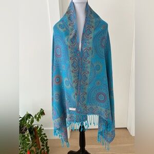 PASHMINA Bright Blue Circles Fringe Oversized Pashmina Silk Blend Travel Luxury